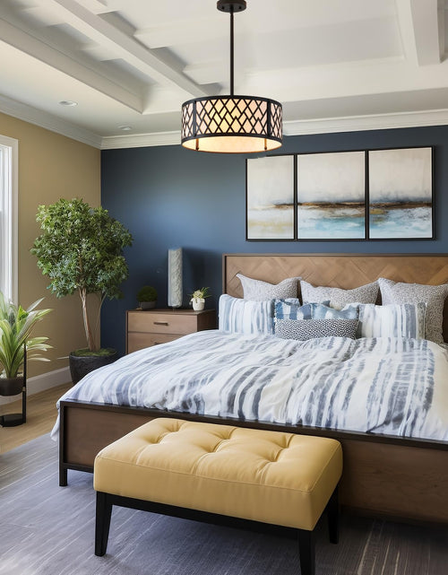 Load image into Gallery viewer, SGLfarmty 15.7in Black Drum Chandelier 3 Light Ceiling Fixture Farmhouse Pendant
