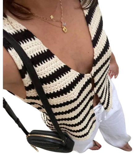 SOLY HUX Women's Striped V Neck Sweater Vest Sleeveless Cardigan Black Beige S