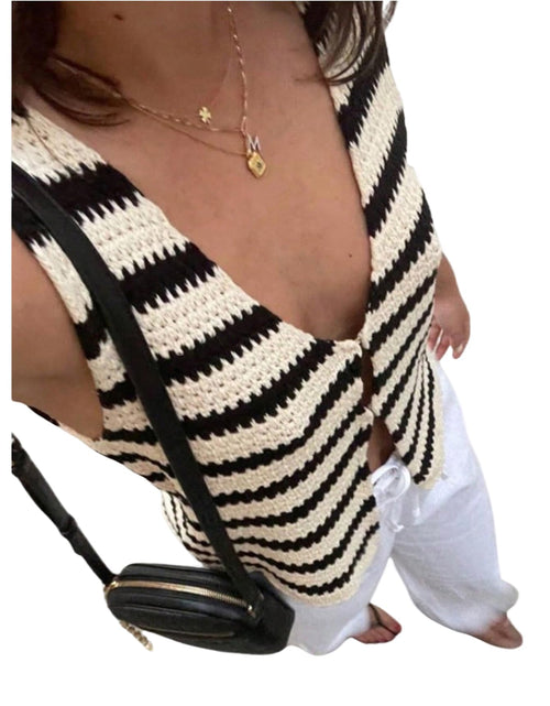 Load image into Gallery viewer, SOLY HUX Women's Striped V Neck Sweater Vest Sleeveless Cardigan Black Beige S
