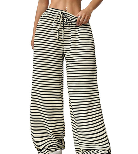 GUOLEZEEV Women Lounge Pants Elastic Waist Striped Y2K Sleepwear Black Apricot L