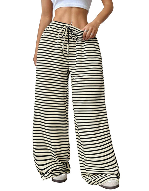 Load image into Gallery viewer, GUOLEZEEV Women Lounge Pants Elastic Waist Striped Y2K Sleepwear Black Apricot L
