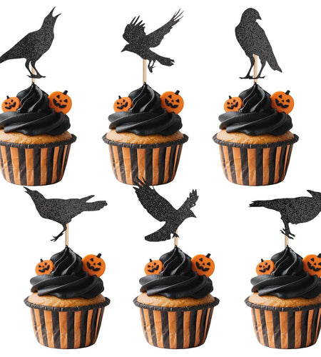 GUYI 24 PCS Halloween Crow Cupcake Toppers Horror Picks Cardstock Toothpick