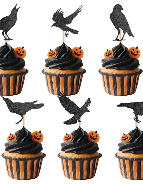 Load image into Gallery viewer, GUYI 24 PCS Halloween Crow Cupcake Toppers Horror Picks Cardstock Toothpick

