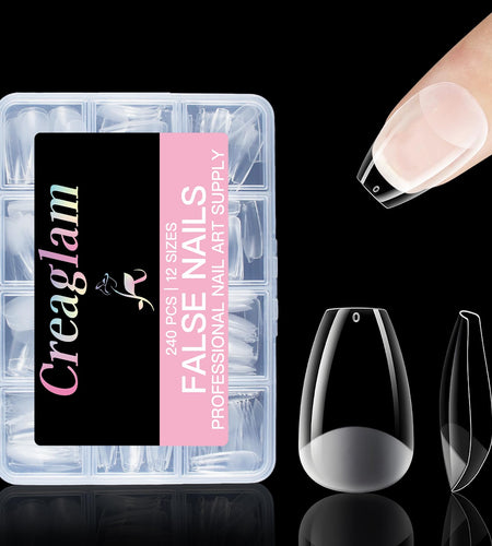 Creaglam Short Square Nail Tips 240Pcs Clear Acrylic 12 Sizes Soft Gel