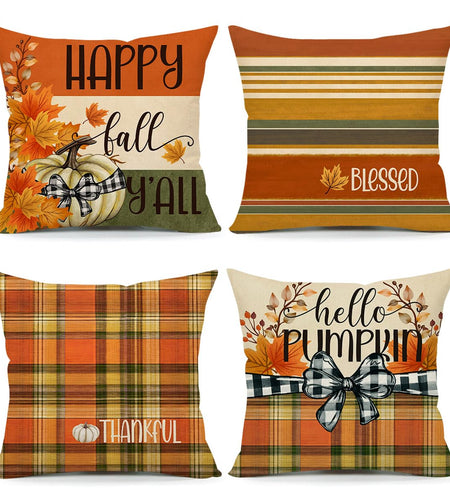 4TH Emotion Fall Pillow Covers 18x18 White Pumpkin Check Set of 4