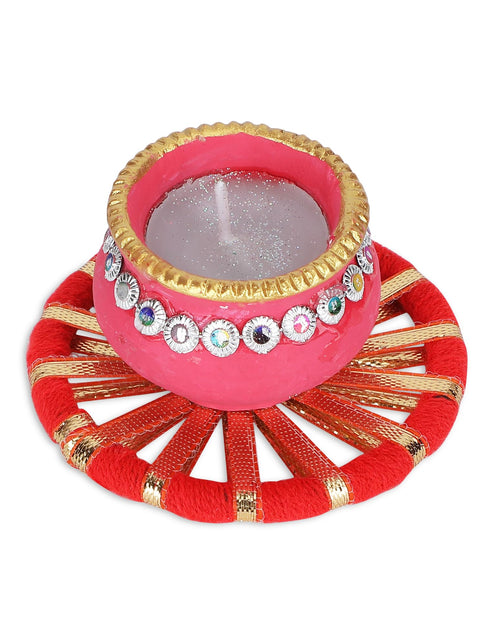 Load image into Gallery viewer, 4OUR FAITH Matki Wax Filled Diya Set Handpainted Terracotta 6 Pc Multicolor
