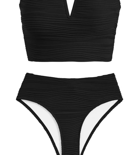 ZAFUL Women Strapless Bandeau Lace Up Bikini Set High Waisted Black Size S
