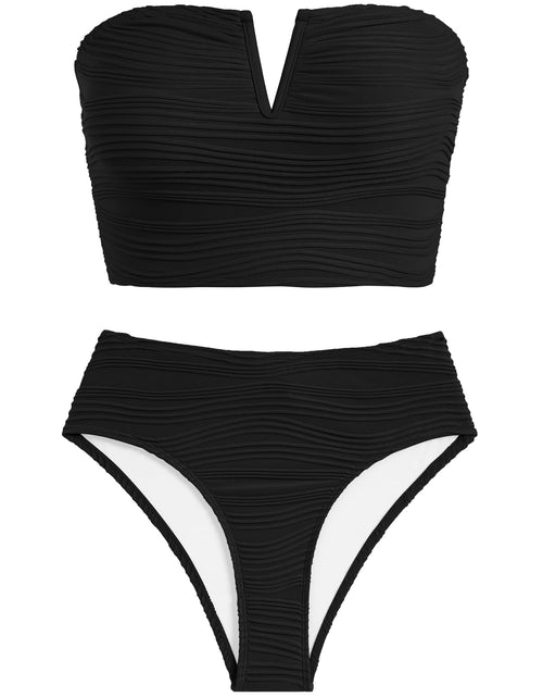 Load image into Gallery viewer, ZAFUL Women Strapless Bandeau Lace Up Bikini Set High Waisted Black Size S
