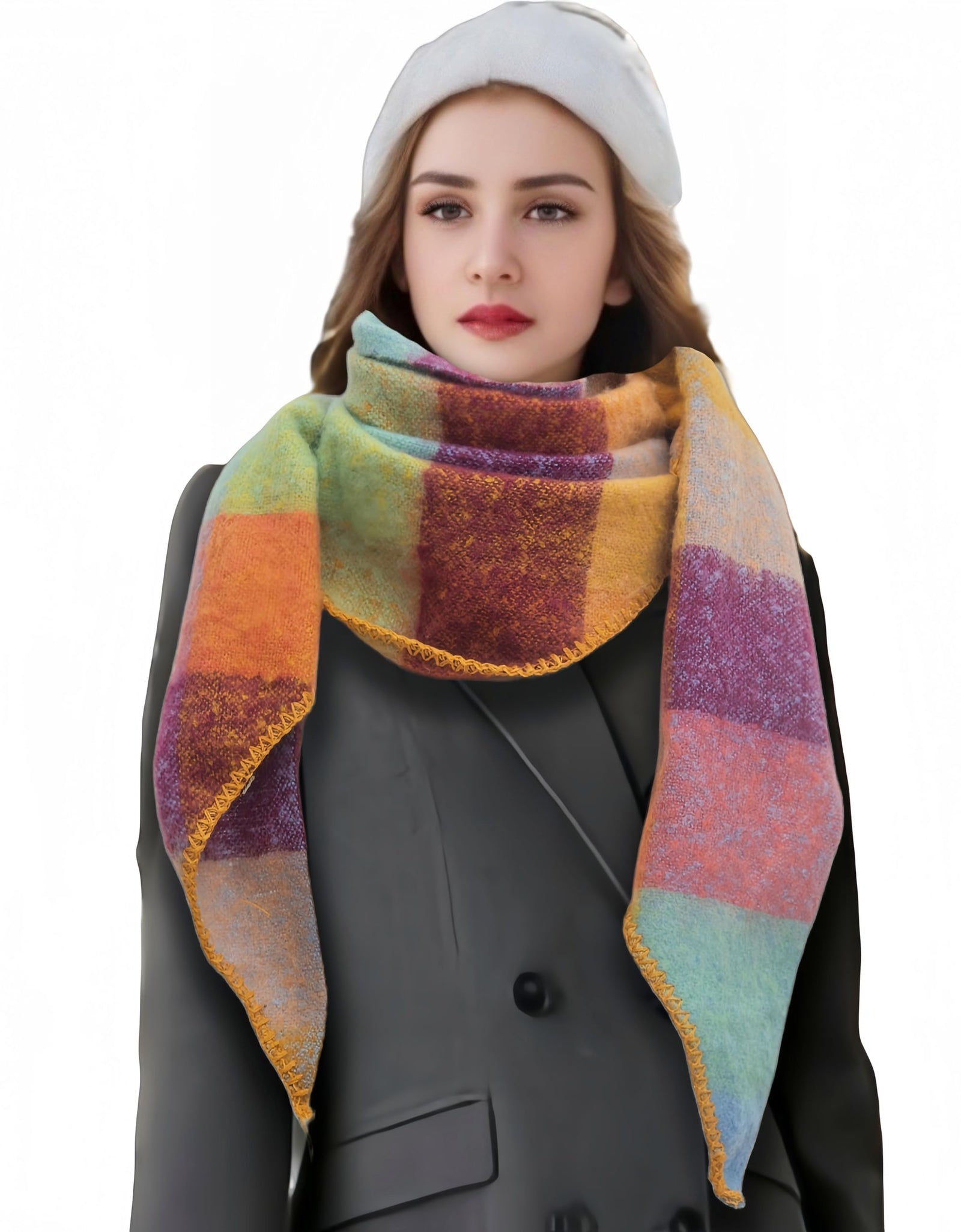 Wander Agio Women Shawl Winter Wrap Cashmere Plaid Scarf Yellow Blue Pink 6