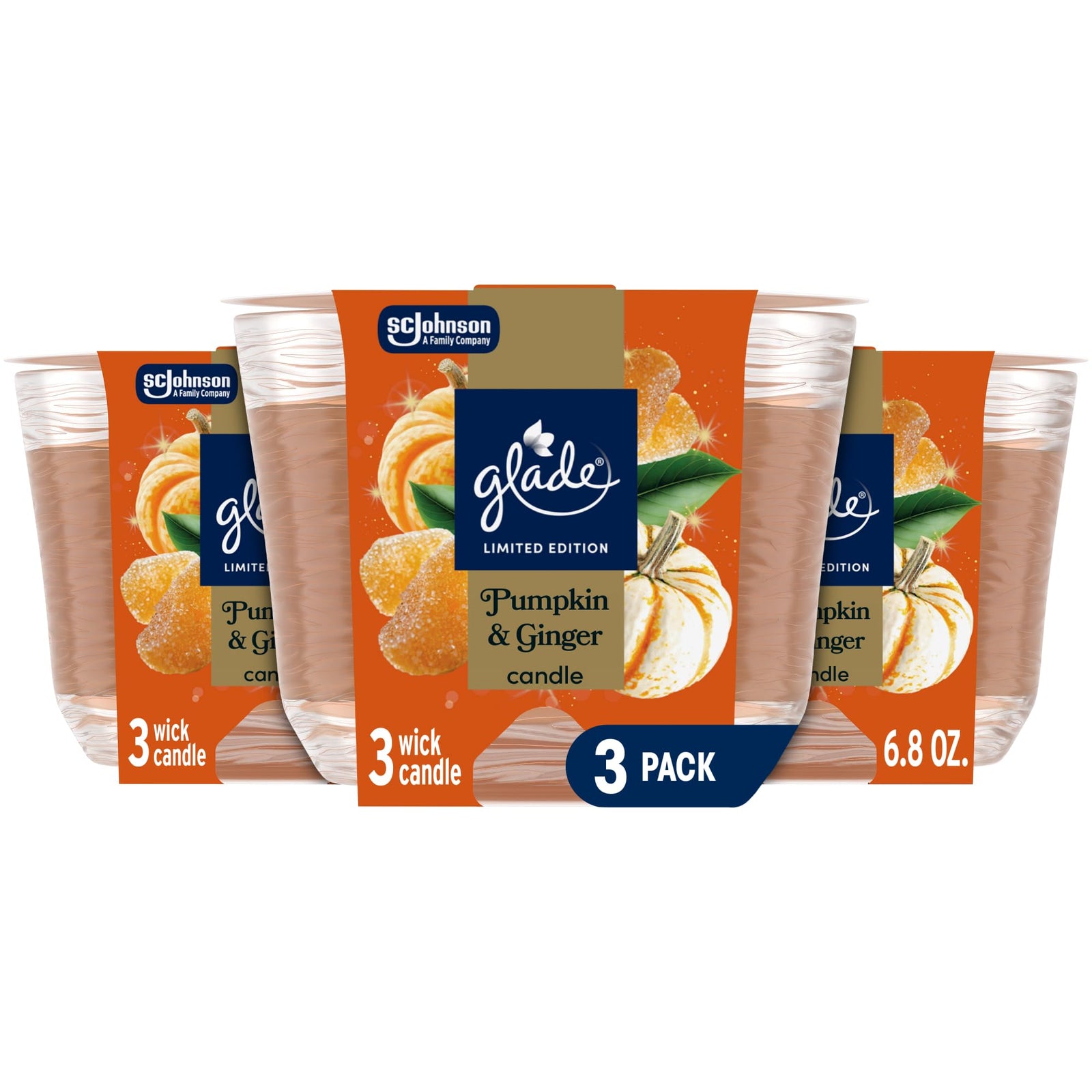 Glade 3-Wick Scented Candle Jar Pumpkin & Ginger 6.8 Oz 3 Count
