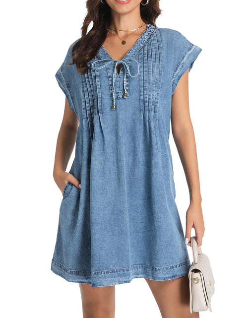 Load image into Gallery viewer, LIUSHIQI Womens Denim Romper V Neck Tie Front Pockets Blue Size S
