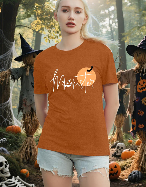Load image into Gallery viewer, NEWKA Halloween Momster TShirt Women Funny Spider Bat Letter Print Brown Size XL
