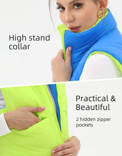 Load image into Gallery viewer, Xeoxarel Women's Reversible Puffer Cropped Vest Full Zip Sleeveless Green Blue M
