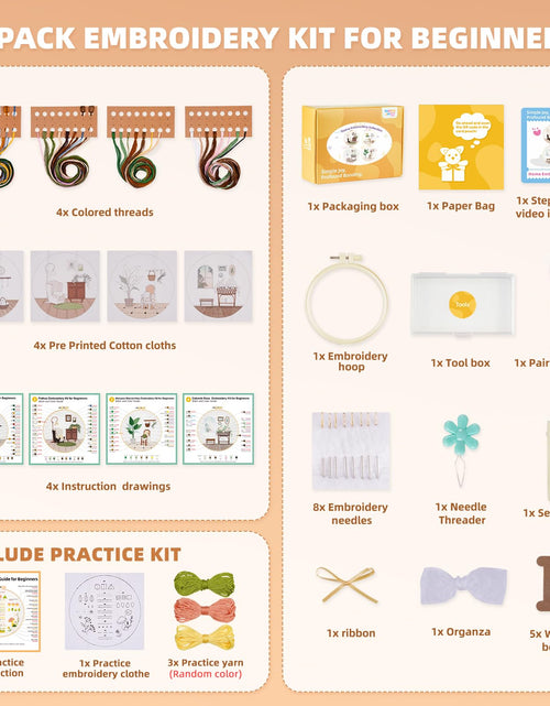 Load image into Gallery viewer, 4 Pack Beginner Embroidery Kits DIY Starter Kit w Hoop Threads Tools
