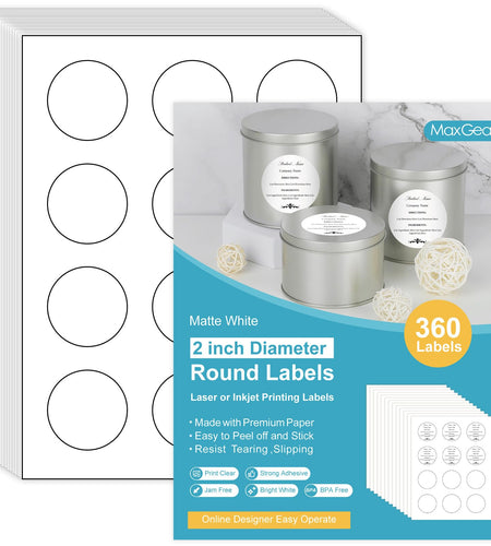 MaxGear 2" Round Sticker Labels Matte White 360 Pcs 30 Sheets Inkjet Laser