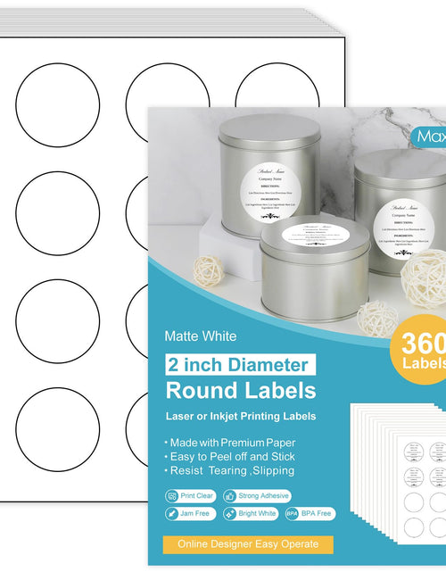 Load image into Gallery viewer, MaxGear 2" Round Sticker Labels Matte White 360 Pcs 30 Sheets Inkjet Laser
