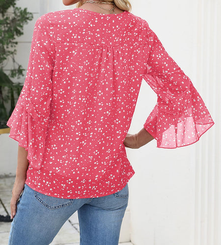 CiCiBird Women Chiffon Floral Blouse 3/4 Ruffle Sleeve Pink Size XXL