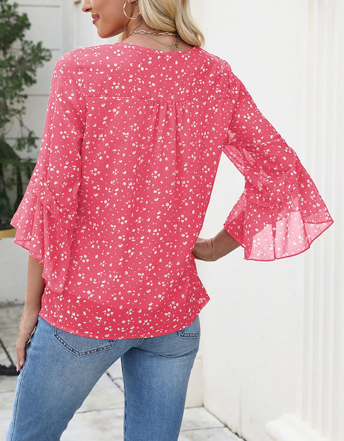 Load image into Gallery viewer, CiCiBird Women Chiffon Floral Blouse 3/4 Ruffle Sleeve Pink Size XXL
