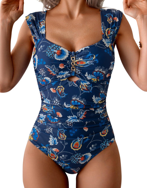 Load image into Gallery viewer, Eomenie Womens One Piece Tummy Control Push Up Wide Strap Navy Blue Print Size M
