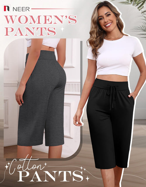 Load image into Gallery viewer, Neer Women's Capri Yoga Pants Wide Leg Drawstring Pockets Black Gray Small
