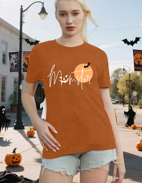 Load image into Gallery viewer, NEWKA Halloween Momster TShirt Women Funny Spider Bat Letter Print Brown Size XL

