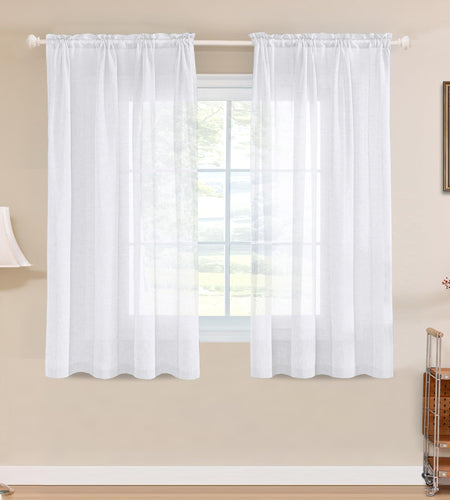 Turquoize Linen Sheer Rod Pocket Curtains 52x63in Set of 2 Pure White