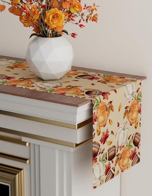 Load image into Gallery viewer, XCHI Fall Football Pumpkin Maple Leaves Table Runner Colored 13x108 Inch
