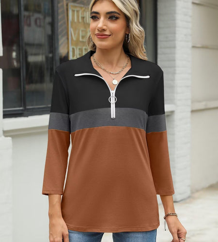 TICTICMISS Women's V Neck 3/4 Sleeve Zipper Polo Shirt Black-Charcoal-Brown L