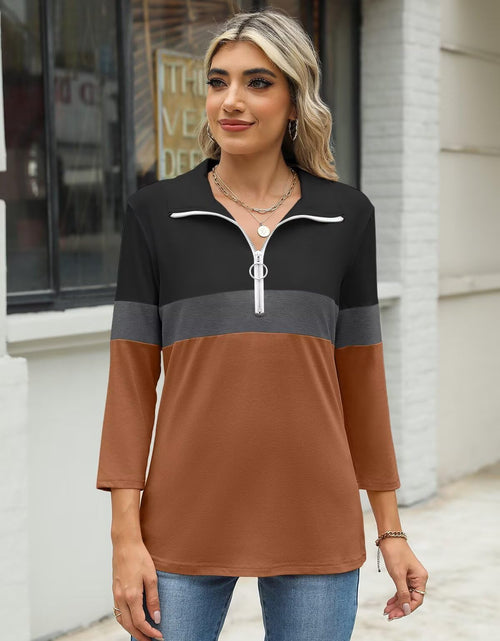 Load image into Gallery viewer, TICTICMISS Women's V Neck 3/4 Sleeve Zipper Polo Shirt Black-Charcoal-Brown L
