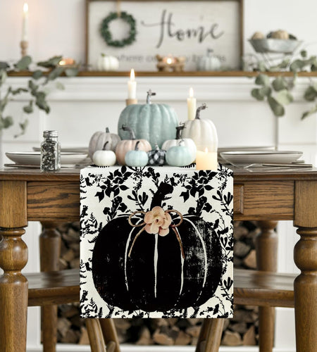 Artoid Mode Pumpkin Leaves Darkness Flower Fall Table Runner Black 13x36 Inch