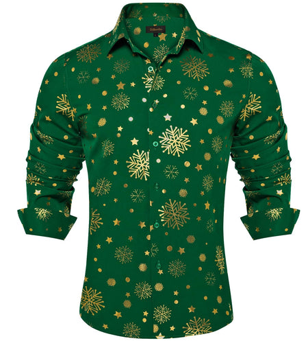 DiBanGu Mens Christmas Long Sleeve Button Down Shirt Green Gold Snowflake Size S