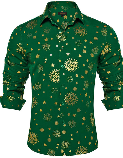 Load image into Gallery viewer, DiBanGu Mens Christmas Long Sleeve Button Down Shirt Green Gold Snowflake Size S
