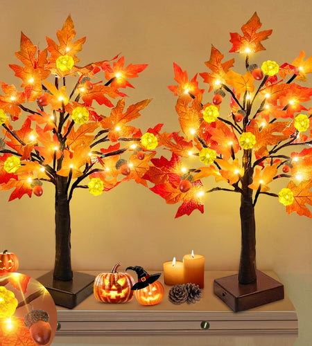 TURNMEON 2Pack 24in Prelit Fall Maple Tree Lights48 LED Timer Battery Orange Red