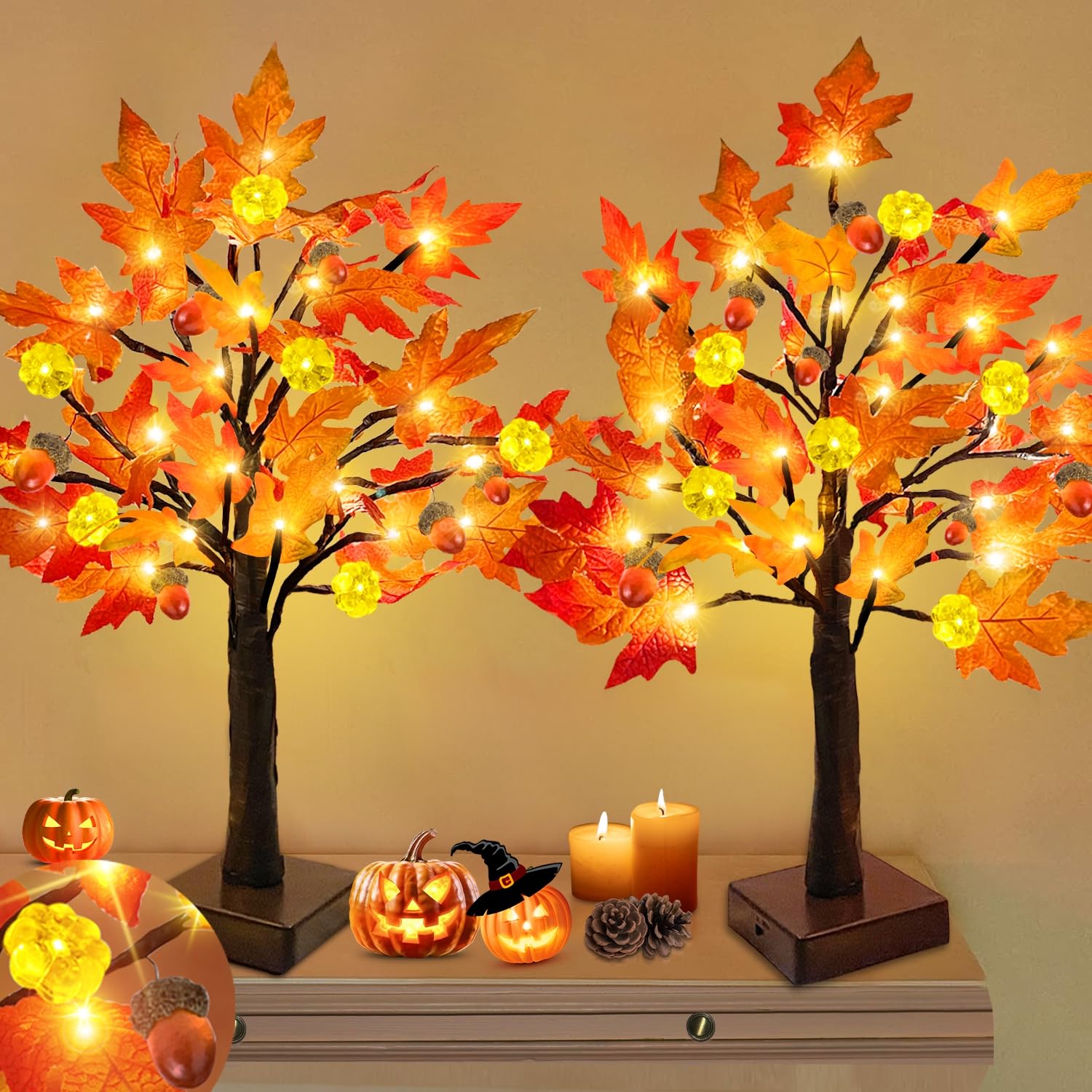 TURNMEON 2Pack 24in Prelit Fall Maple Tree Lights48 LED Timer Battery Orange Red