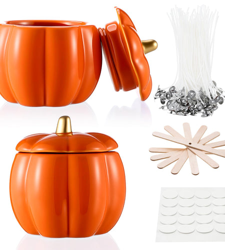 Sliner 2 Pcs 7oz Ceramic Pumpkin Jar Candle Holder Orange Fall Decor