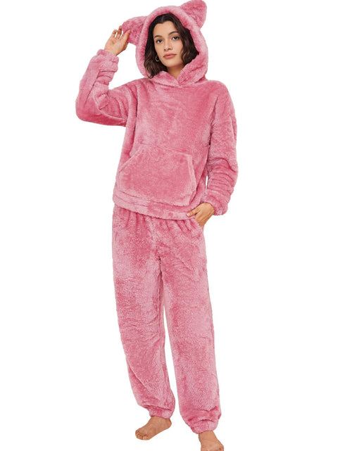 Load image into Gallery viewer, Flygo Women's Fluffy Fleece Pajama Set Pullover Hoodie &amp; Pants Pink Size L

