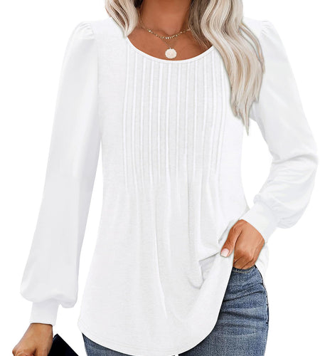 Licemere Women's Long Sleeve Pleated Puff Sleeve Tunic Shirt White Size L