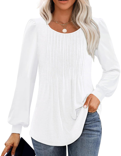 Load image into Gallery viewer, Licemere Women's Long Sleeve Pleated Puff Sleeve Tunic Shirt White Size L
