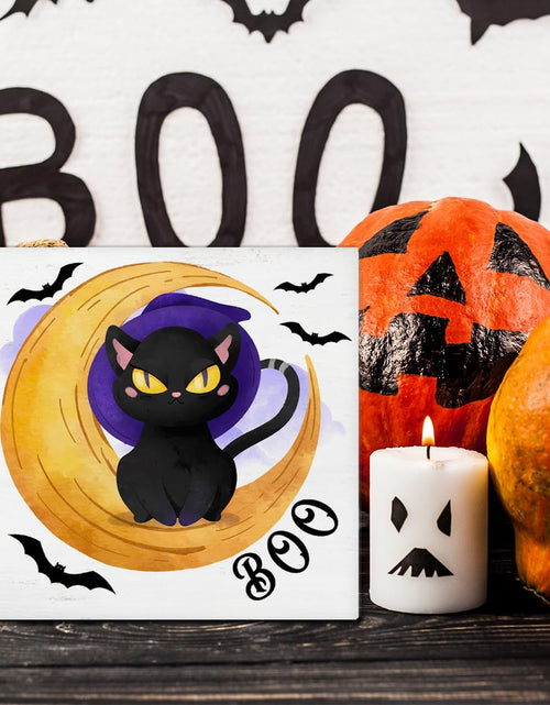Load image into Gallery viewer, Hijie Halloween Black Cat Bat Wooden Sign Decor 5x5 Inches Indoor

