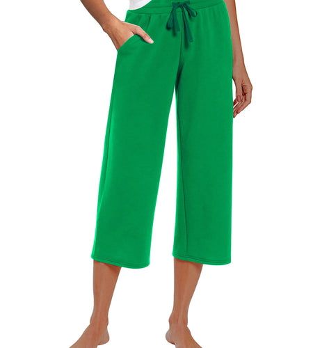 RESHE Womens Capri Pants Yoga Wide Leg Drawstring Pockets Green Size 2XL
