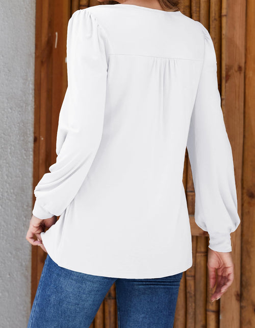 Load image into Gallery viewer, Licemere Women's Long Sleeve Pleated Puff Sleeve Tunic Shirt White Size L
