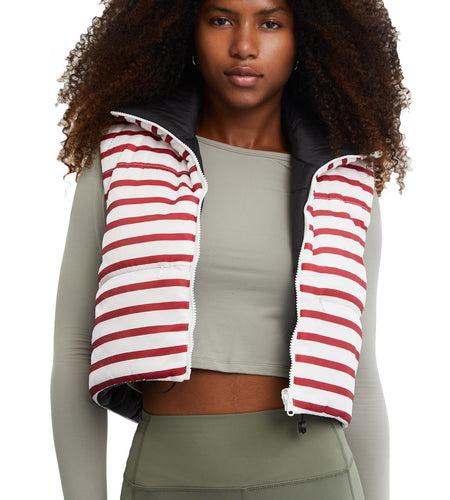 Xeoxarel Red White Striped Puffer Crop Vest Sleeveless Zipper Pockets Size XL
