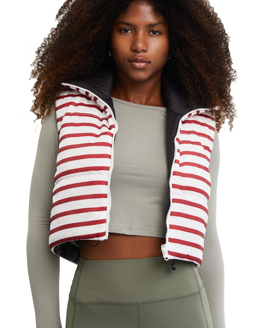 Load image into Gallery viewer, Xeoxarel Red White Striped Puffer Crop Vest Sleeveless Zipper Pockets Size XL
