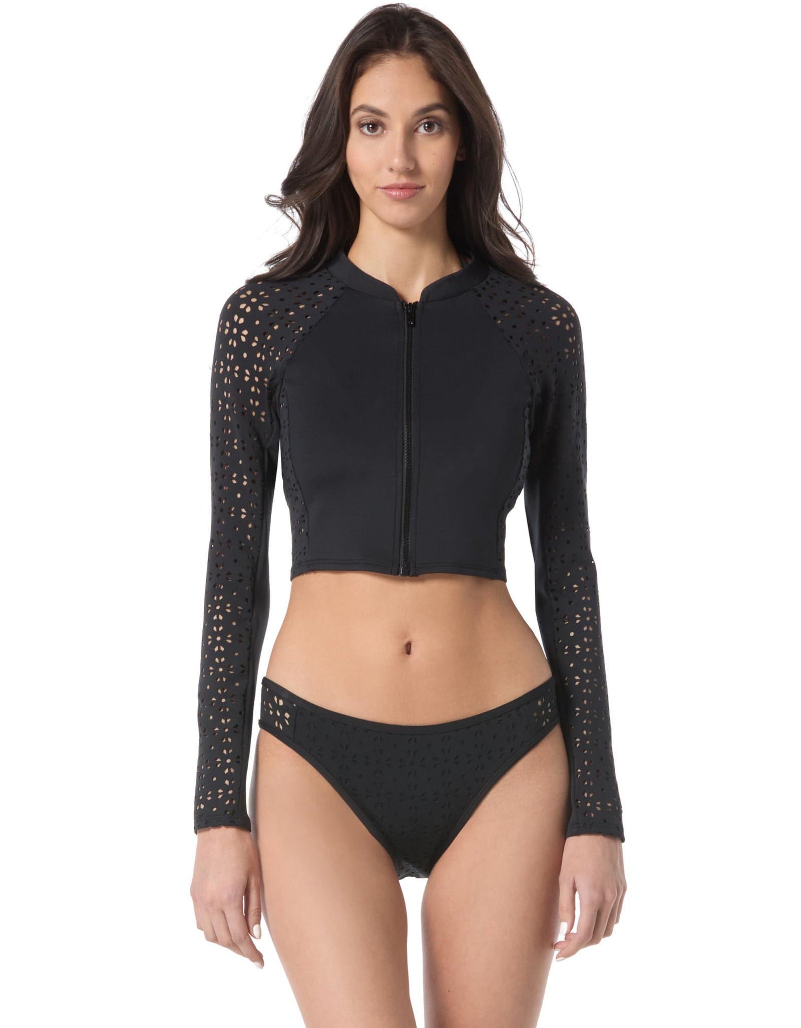 Michael Kors Swimwear Laser Cut Scuba Zipfront Cropped Rashguard Black Size XS