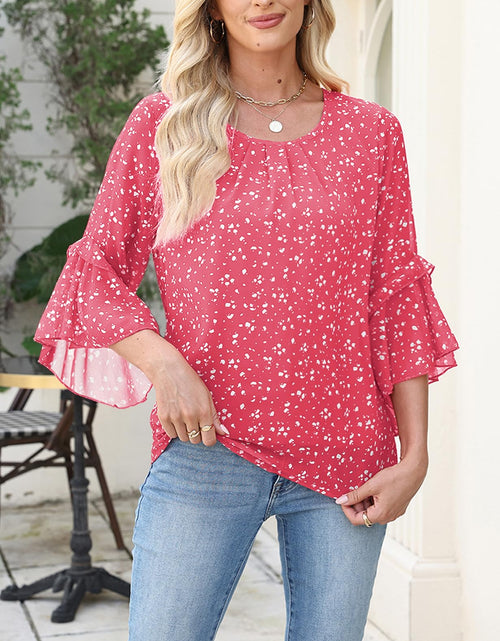 Load image into Gallery viewer, CiCiBird Women Chiffon Floral Blouse 3/4 Ruffle Sleeve Pink Size XXL
