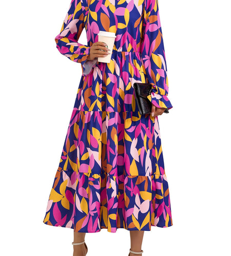 KIRUNDO Womens Long Sleeve Boho Floral Midi Dress Blue Purple Size M