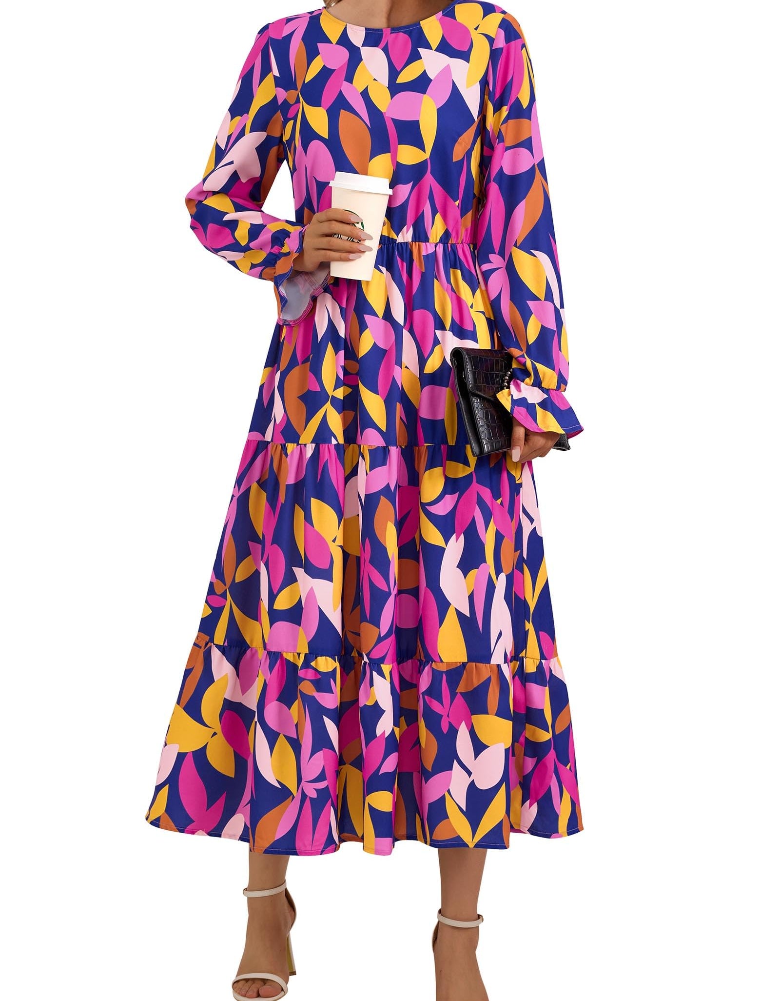 KIRUNDO Womens Long Sleeve Boho Floral Midi Dress Blue Purple Size M