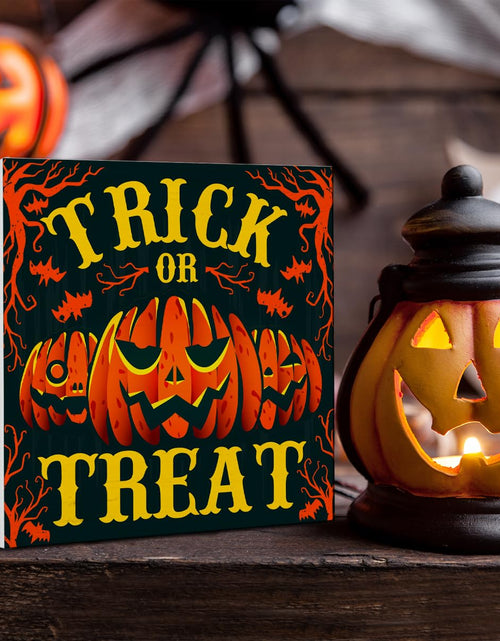Load image into Gallery viewer, Hijie Halloween Wooden Pumpkin Sign Spooky Home Decor 5x5 Inches TREAT
