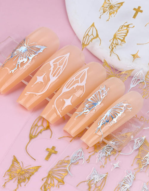 Load image into Gallery viewer, Kikonoke 12 Sheets Laser Butterfly Nail Stickers White Silver Gold 3D Decals
