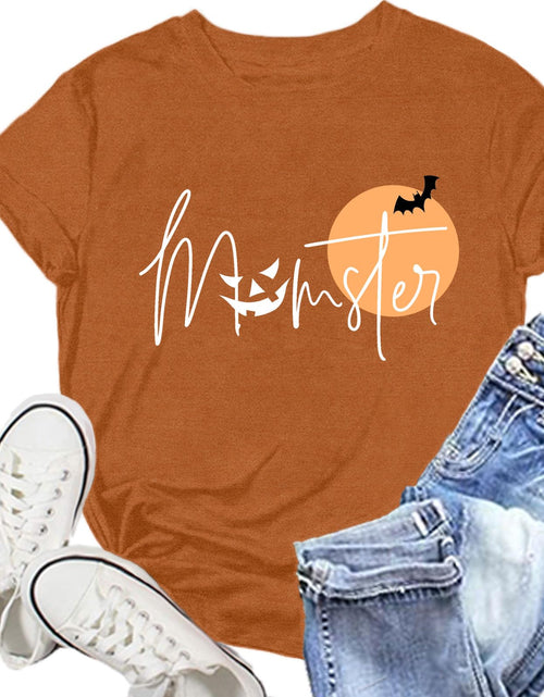 Load image into Gallery viewer, NEWKA Halloween Momster TShirt Women Funny Spider Bat Letter Print Brown Size XL
